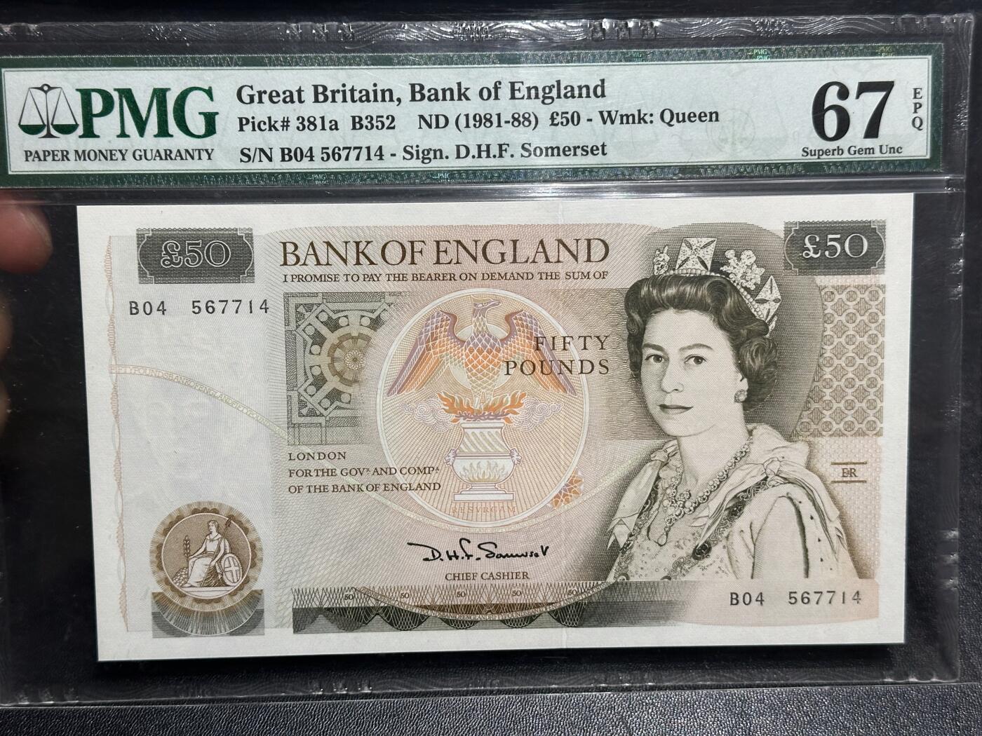 《外钞收藏家》第六百一十六期（精品场）（长期征集拍品、欢迎藏友们联系合作） 1981-88年英国D序列50镑 初版 PMG67