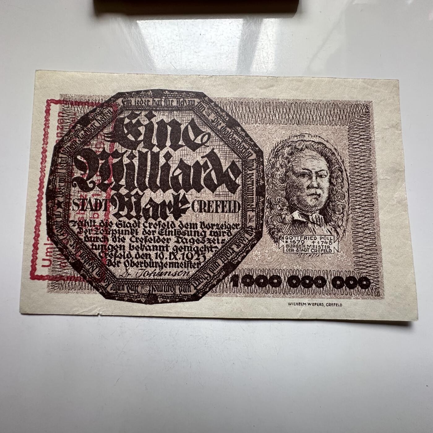 🌹外币初藏🌹🐯2026年第27场   每周二四六晚8️⃣点 接代拍 德国1923年克雷费尔德市 10亿马克紧急纸币