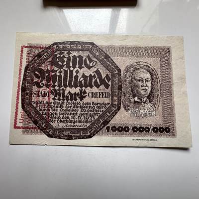 🌹外币初藏🌹🐯2026年第27场   每周二四六晚8️⃣点 接代拍 - 德国1923年克雷费尔德市 10亿马克紧急纸币