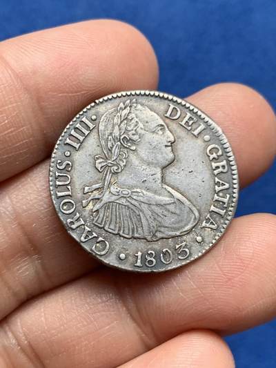 《竞宝斋》第469场 周日，周一 2场连拍 （全场包邮）欢迎送拍 - 西属墨西哥2里亚尔银币，1803年Mo/FT原状态，背面有个验银戳记，但整体细节非常好，小面值好品少见。