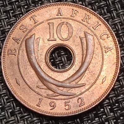 布加迪🐬～世界钱币(上海)🌾第 280 期 /  各国套币和散币 - 英属东非 1952年 10分 乔治六世 原光品相 30mm