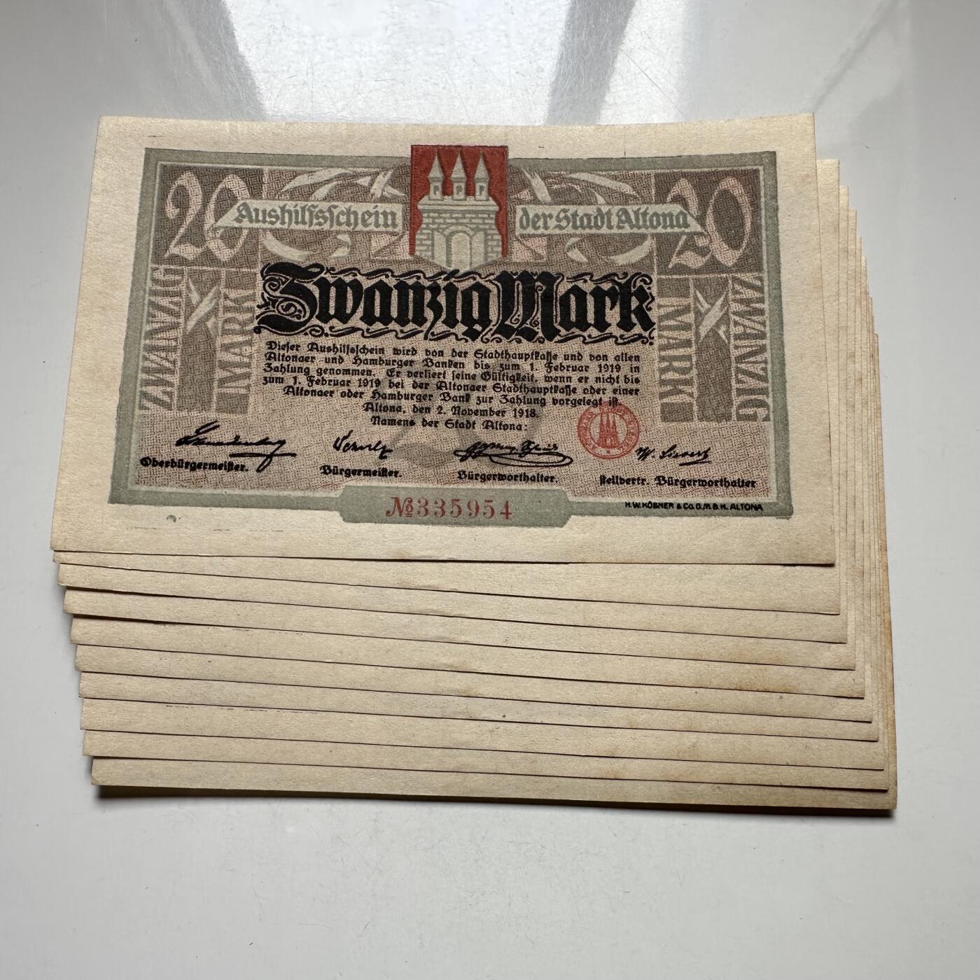 🌹外币初藏🌹🐯2026年第27场   每周二四六晚8️⃣点 接代拍 德国1918年阿尔托纳市 20马克紧急纸币 全新10连号