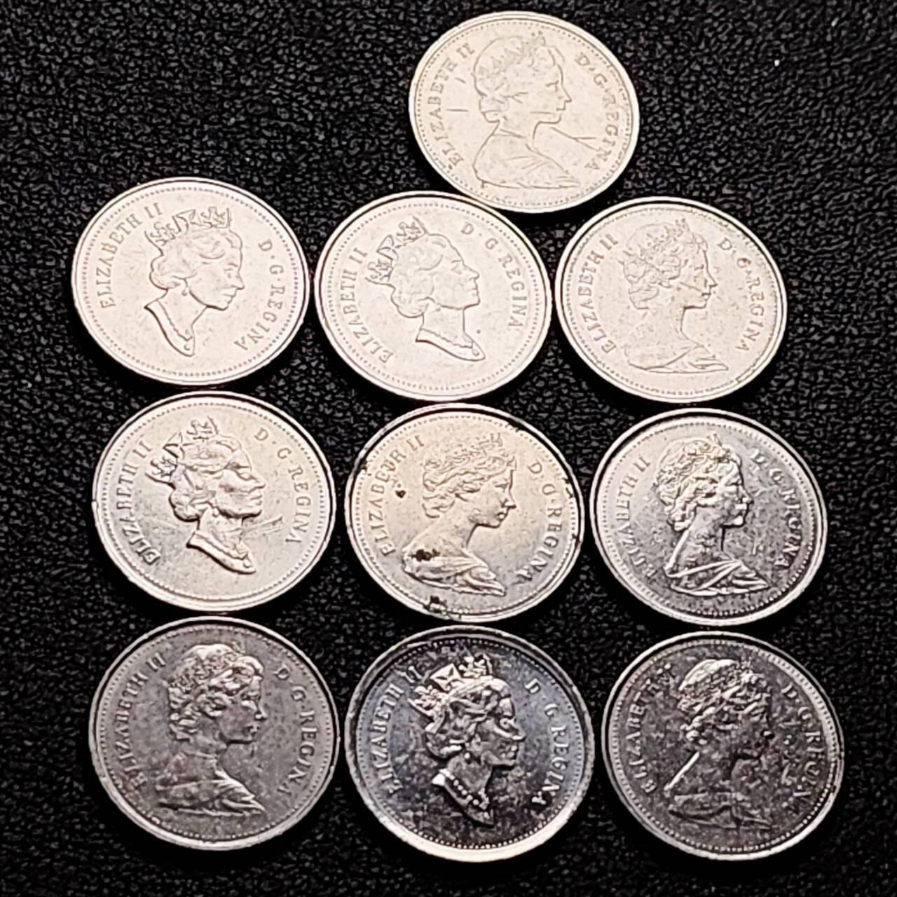 泉币菌-第206场-拍品多 请提前出价 10枚 高币值一组 加拿大10分镍币 帆船 伊丽莎白二世 混合年份未挑 