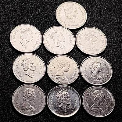 泉币菌-第206场-拍品多 请提前出价 10枚 高币值一组 加拿大10分镍币 帆船 伊丽莎白二世 混合年份未挑 