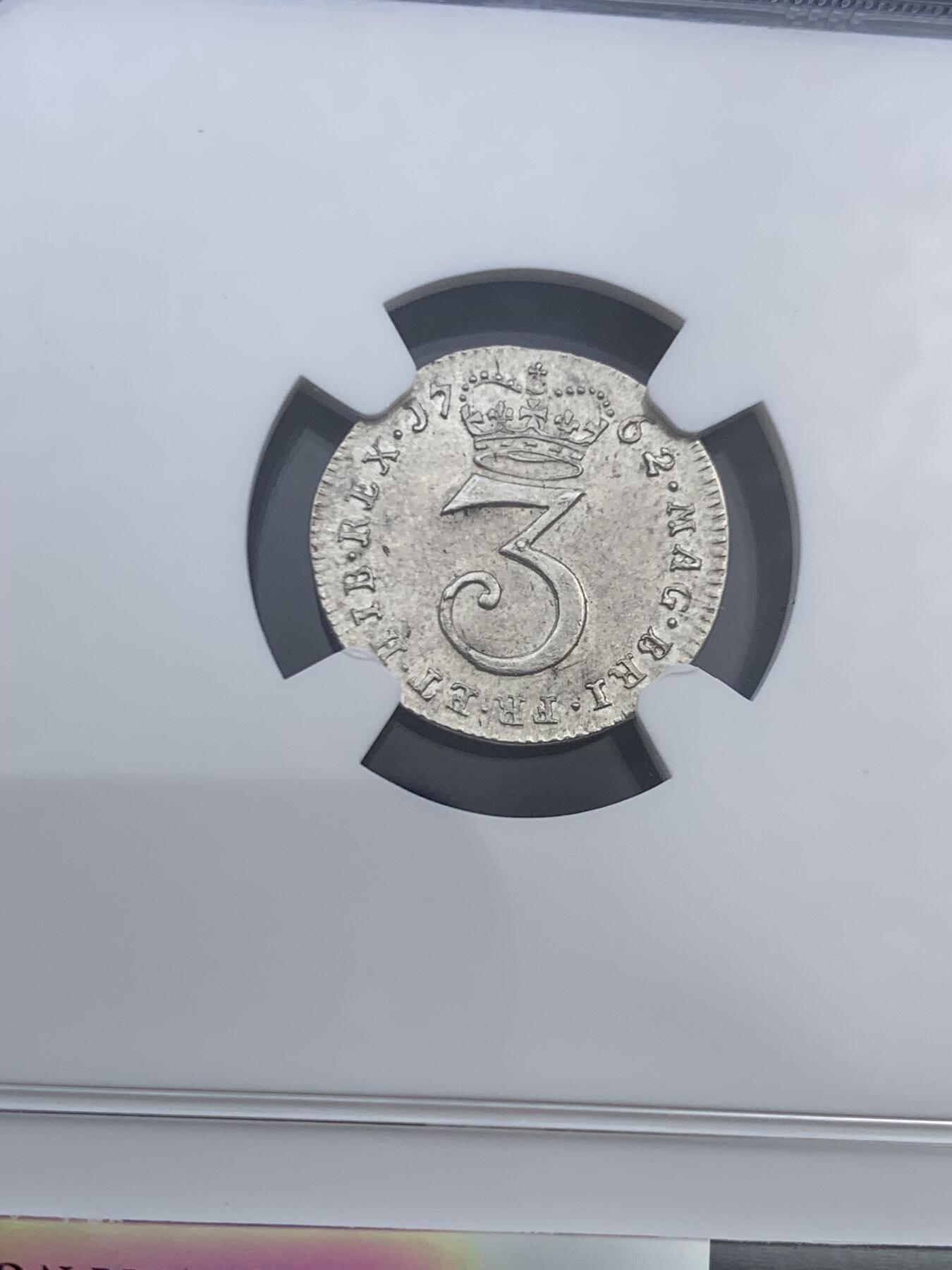 《竞宝斋》第469场 周日，周一 2场连拍 （全场包邮）欢迎送拍 NGC MS63 英国1762年乔治三世3便士濯足币，原光，高分难得