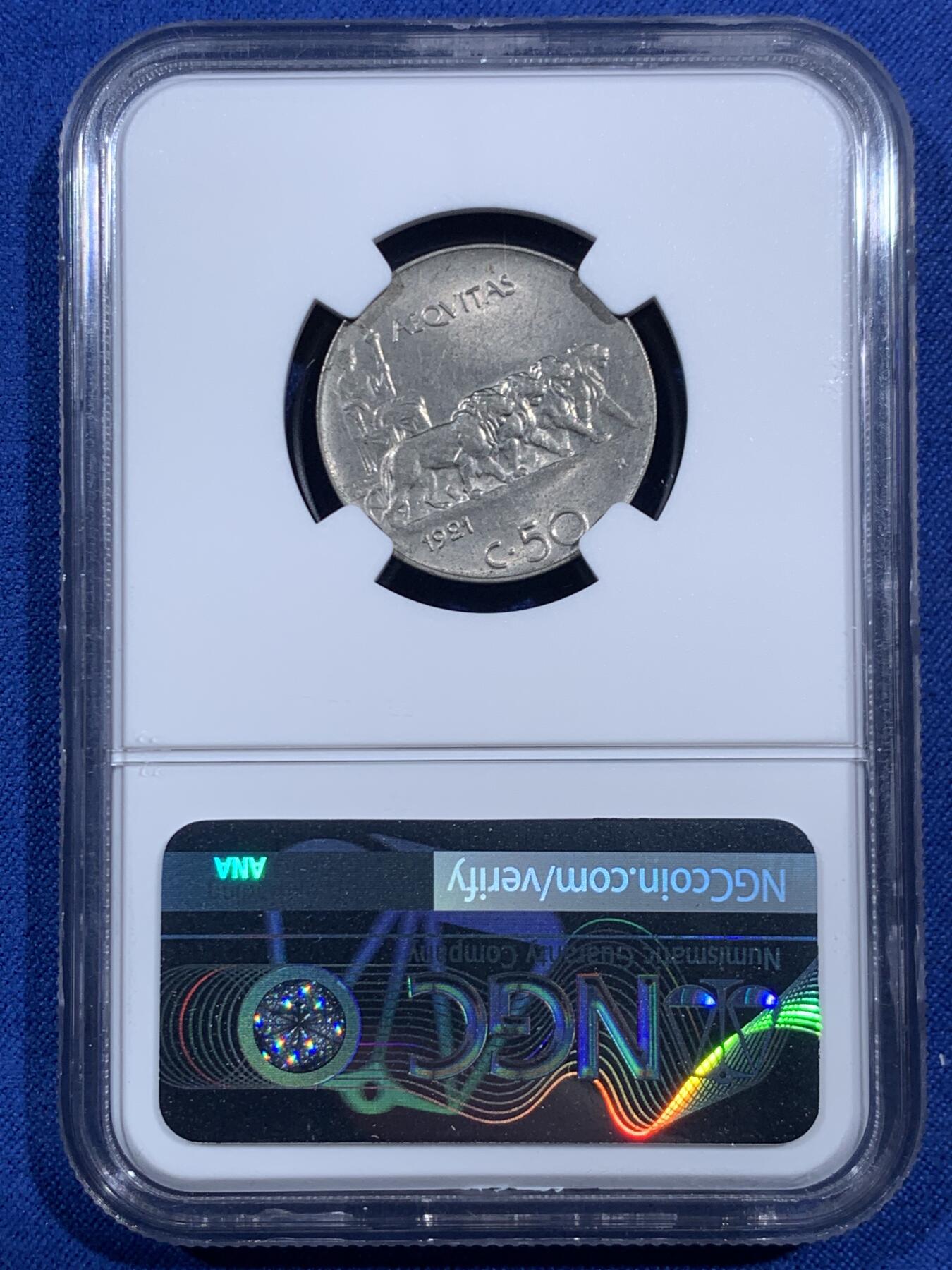 《竞宝斋》第469场 周日，周一 2场连拍 （全场包邮）欢迎送拍 NGC MS61 意大利1921年四狮子拉马车50分