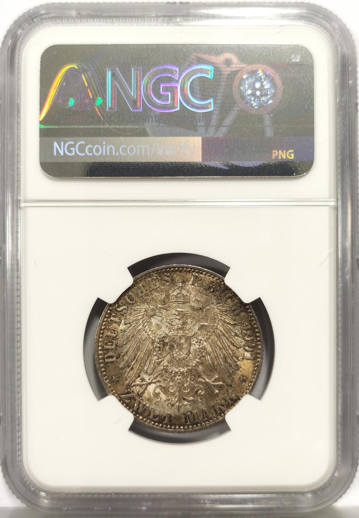 博洋堂世界钱币拍卖第164期（全场包邮） NGC MS63 德国普鲁士1901年建国200周年2马克银币，一流包浆状态