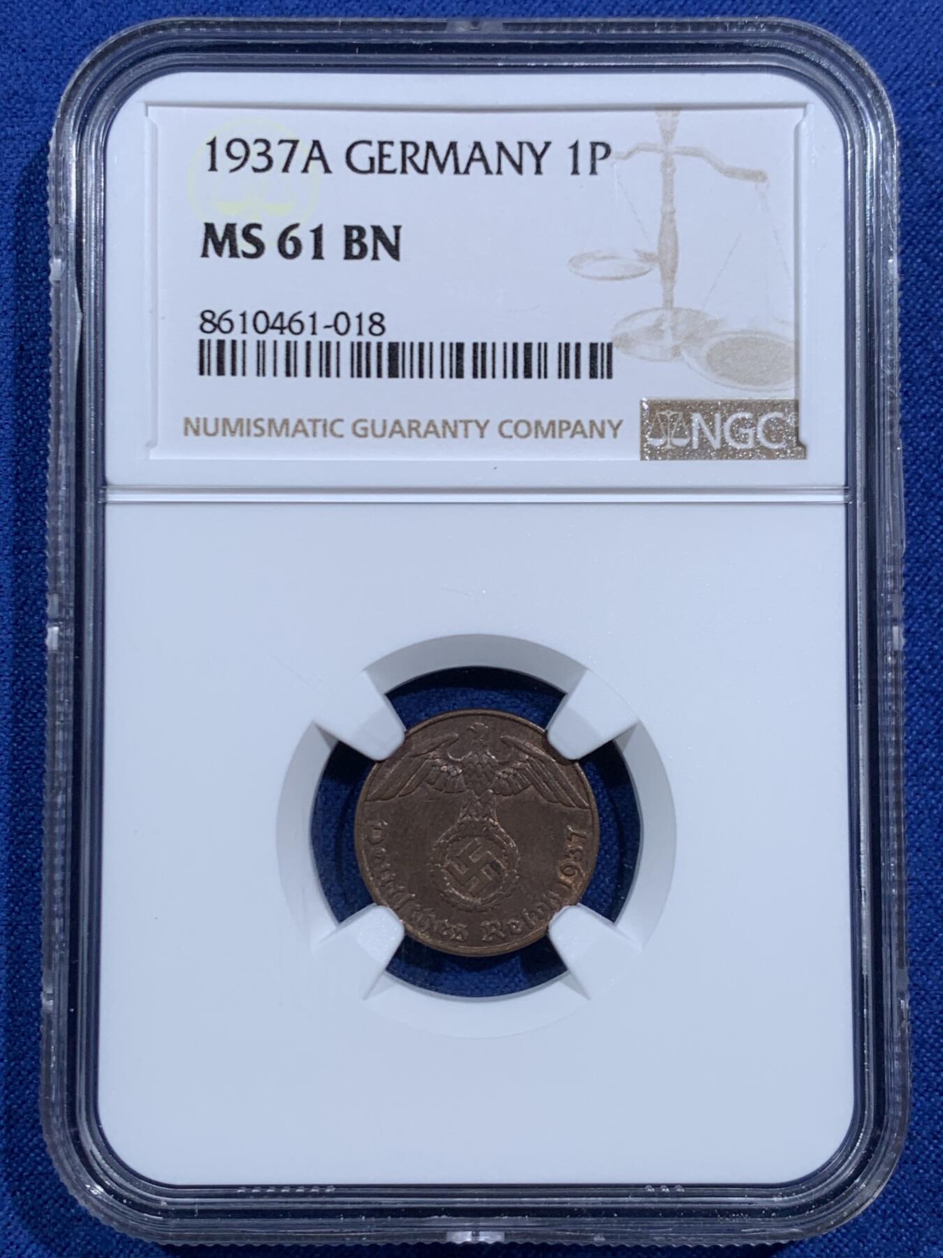 《竞宝斋》第469场 周日，周一 2场连拍 （全场包邮）欢迎送拍 三枚一组 NGC MS61BN/UNCD 德国带风车1芬尼铜币，其中两枚61分，一枚BU的UNCD，热门品种