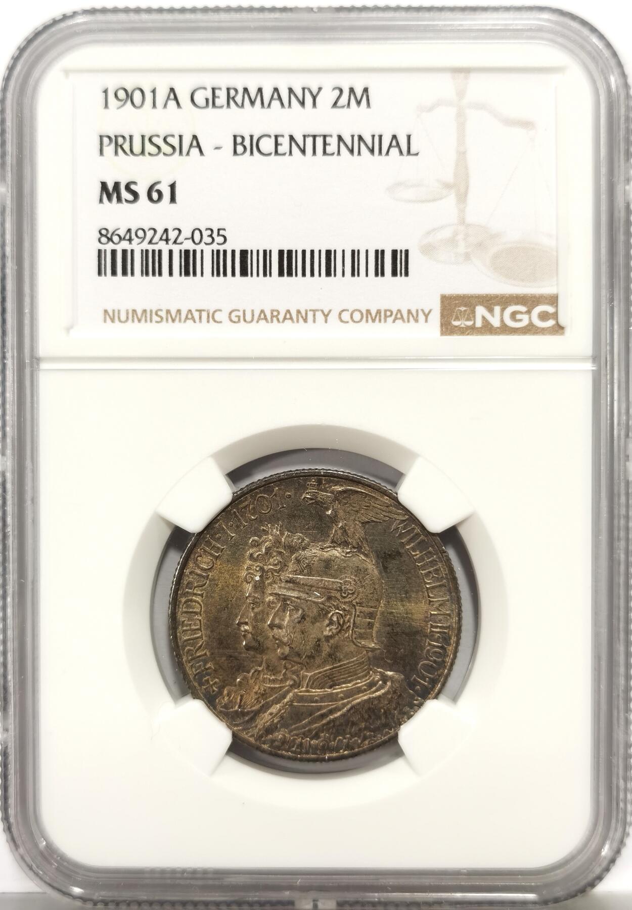 博洋堂世界钱币拍卖第164期（全场包邮） NGC MS61 德国普鲁士1901年建国200周年2马克银币，黄油光泽