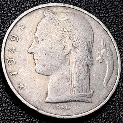泉币菌-第206场-拍品多 请提前出价 比利时1949年 5法郎镍币 谷物女神 法语版 24mm