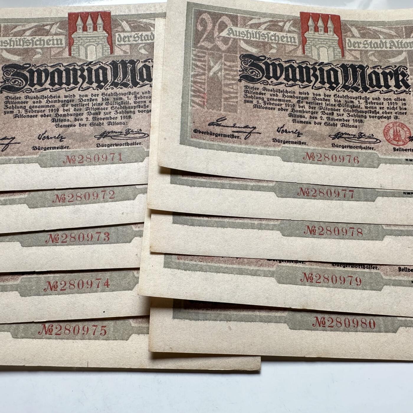 🌹外币初藏🌹🐯2026年第27场   每周二四六晚8️⃣点 接代拍 德国1918年阿尔托纳市 20马克紧急纸币 全新标10 连号