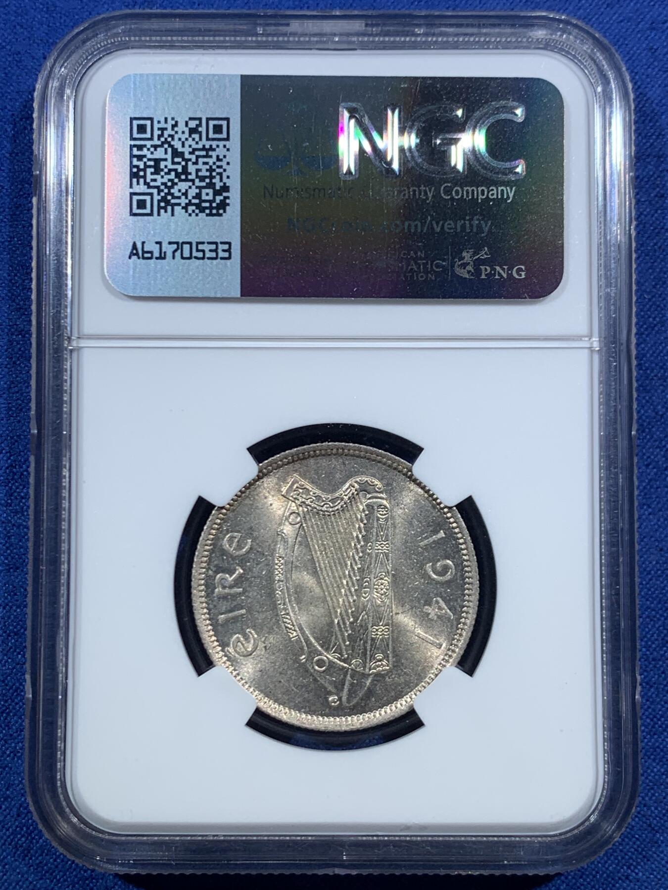 《竞宝斋》第469场 周日，周一 2场连拍 （全场包邮）欢迎送拍 NGC MS61 爱尔兰1941年鲑鱼弗洛林银币，转光不错，为较少的一个年份