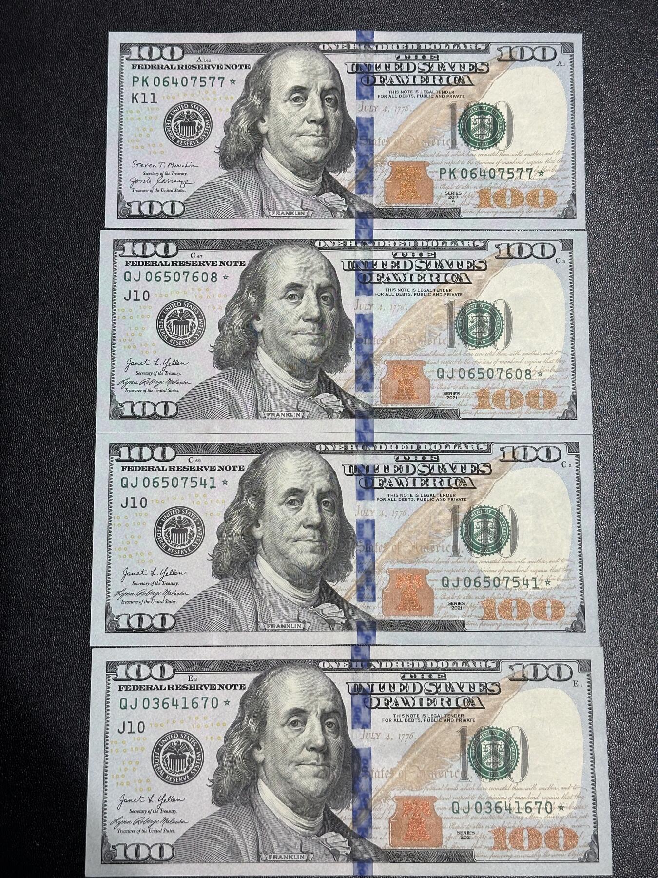 《外钞收藏家》第六百一十六期（精品场）（长期征集拍品、欢迎藏友们联系合作） 2017和21年美国彩版100美元 四张一起 全新 其中一张角不绝