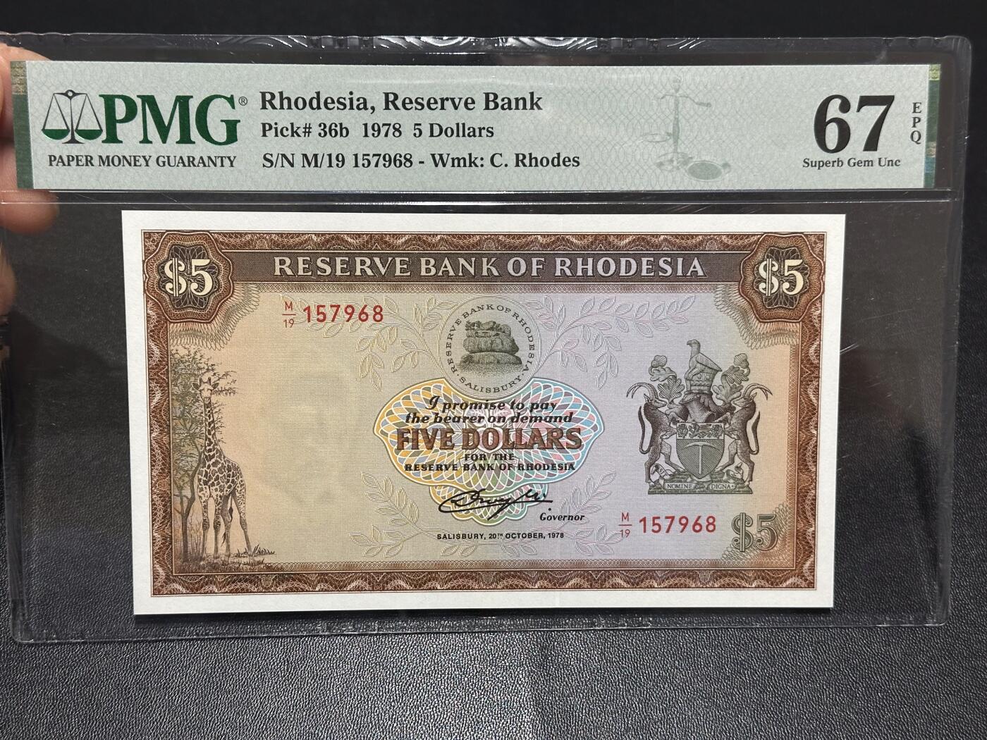 《外钞收藏家》第六百一十六期（精品场）（长期征集拍品、欢迎藏友们联系合作） 1978年罗得西亚5元 PMG67 生日号
