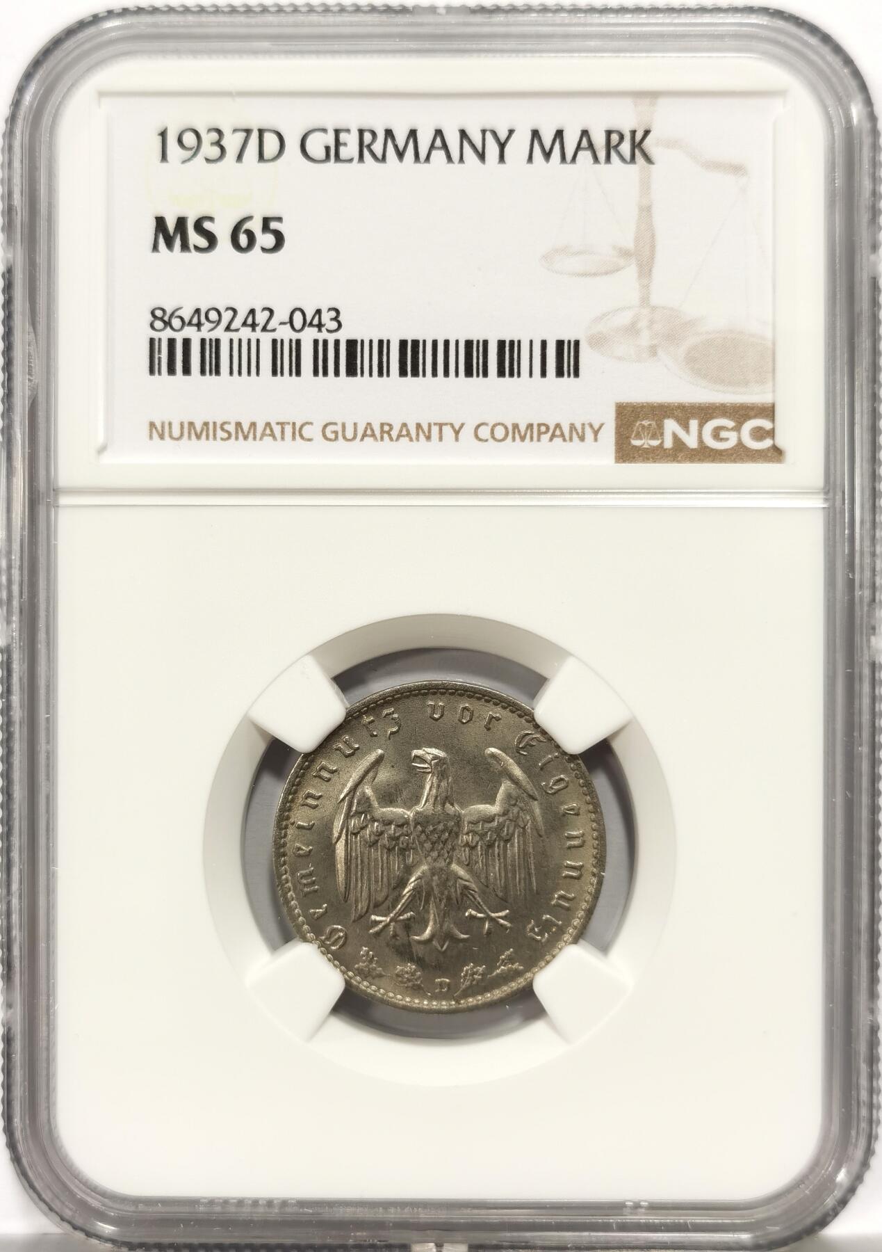 博洋堂世界钱币拍卖第164期（全场包邮） NGC MS65 德国第三帝国1937年D版1马克镍币