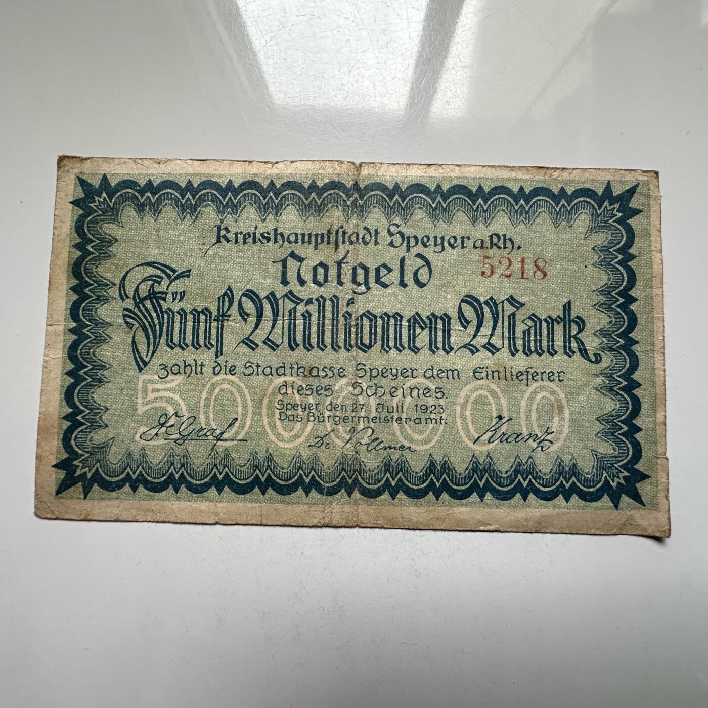 🌹外币初藏🌹🐯2026年第27场   每周二四六晚8️⃣点 接代拍 德国1923年施派尔市 500万马克紧急纸币 