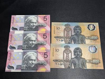 《外钞收藏家》第六百一十六期（精品场）（长期征集拍品、欢迎藏友们联系合作） - 澳大利亚塑料钞5和10元 纪念钞 五张一起 全新UNC 其中三张AA冠