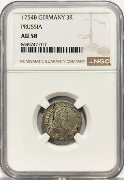 博洋堂世界钱币拍卖第164期（全场包邮） - NGC AU58 德国普鲁士1754年3克鲁泽银币