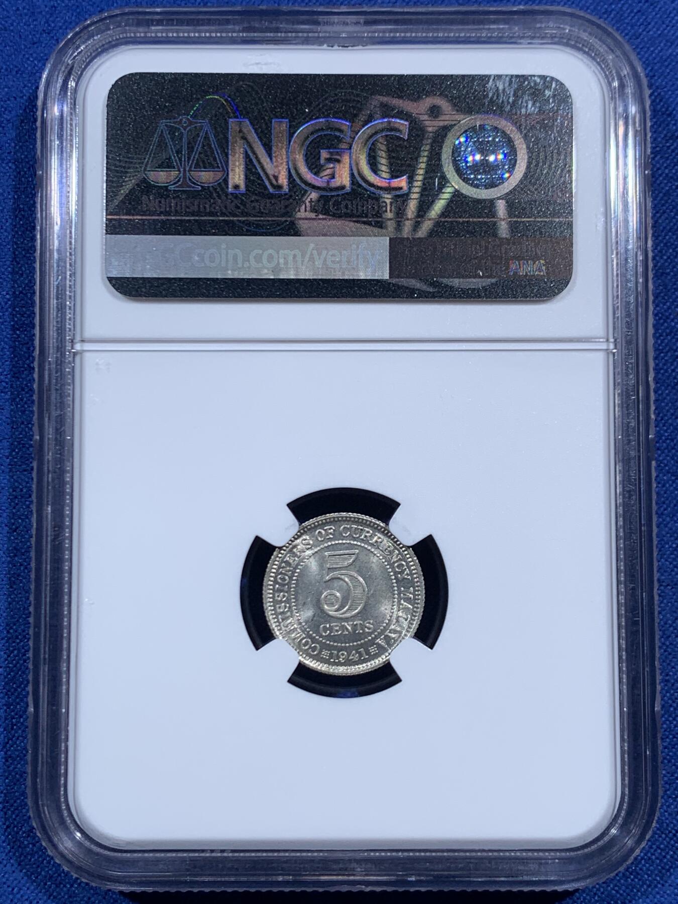 《竞宝斋》第469场 周日，周一 2场连拍 （全场包邮）欢迎送拍 NGC MS65 马来亚1941乔六5分银币 BU曝光状态