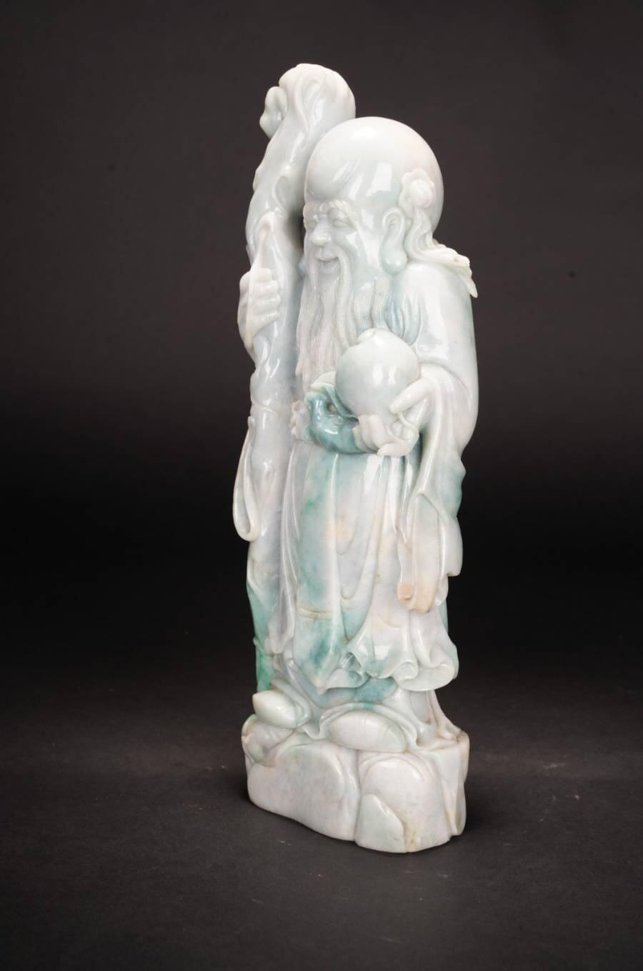 上海都达杂项专场四十九【全场包邮】  天然老坑冰糯种翡翠（A）货整料精雕超大尊《三星拱照 吉祥如意》福禄寿摆件连黑檀木佛龛