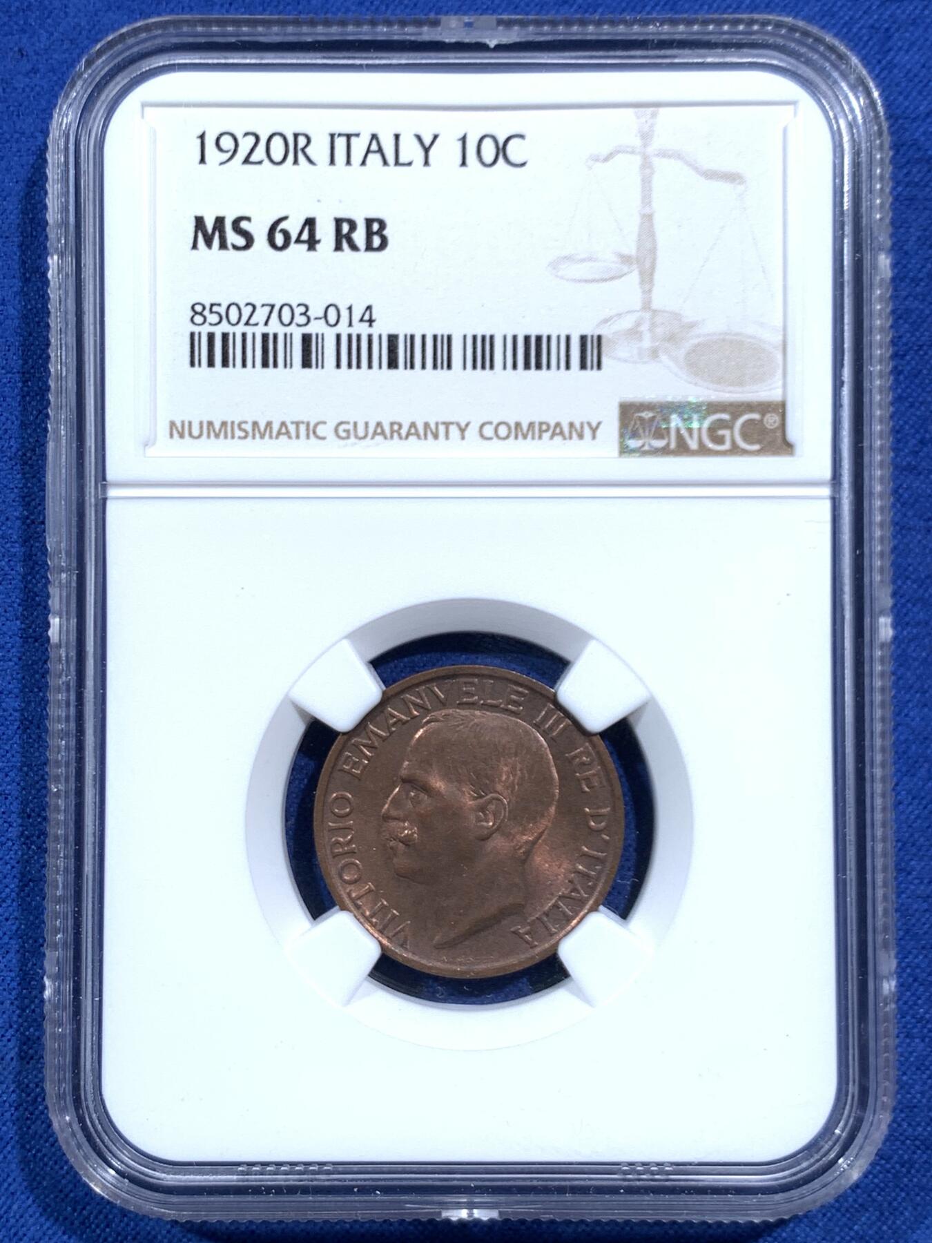 《竞宝斋》第469场 周日，周一 2场连拍 （全场包邮）欢迎送拍 NGC MS64RB 意大利1920年小蜜蜂10分，古典主义风格代表作品，极美的设计，原铜光不容易