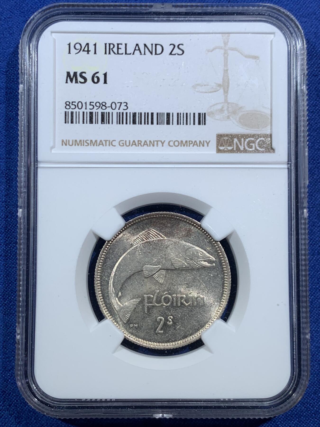 《竞宝斋》第469场 周日，周一 2场连拍 （全场包邮）欢迎送拍 NGC MS61 爱尔兰1941年鲑鱼弗洛林银币，转光不错，为较少的一个年份