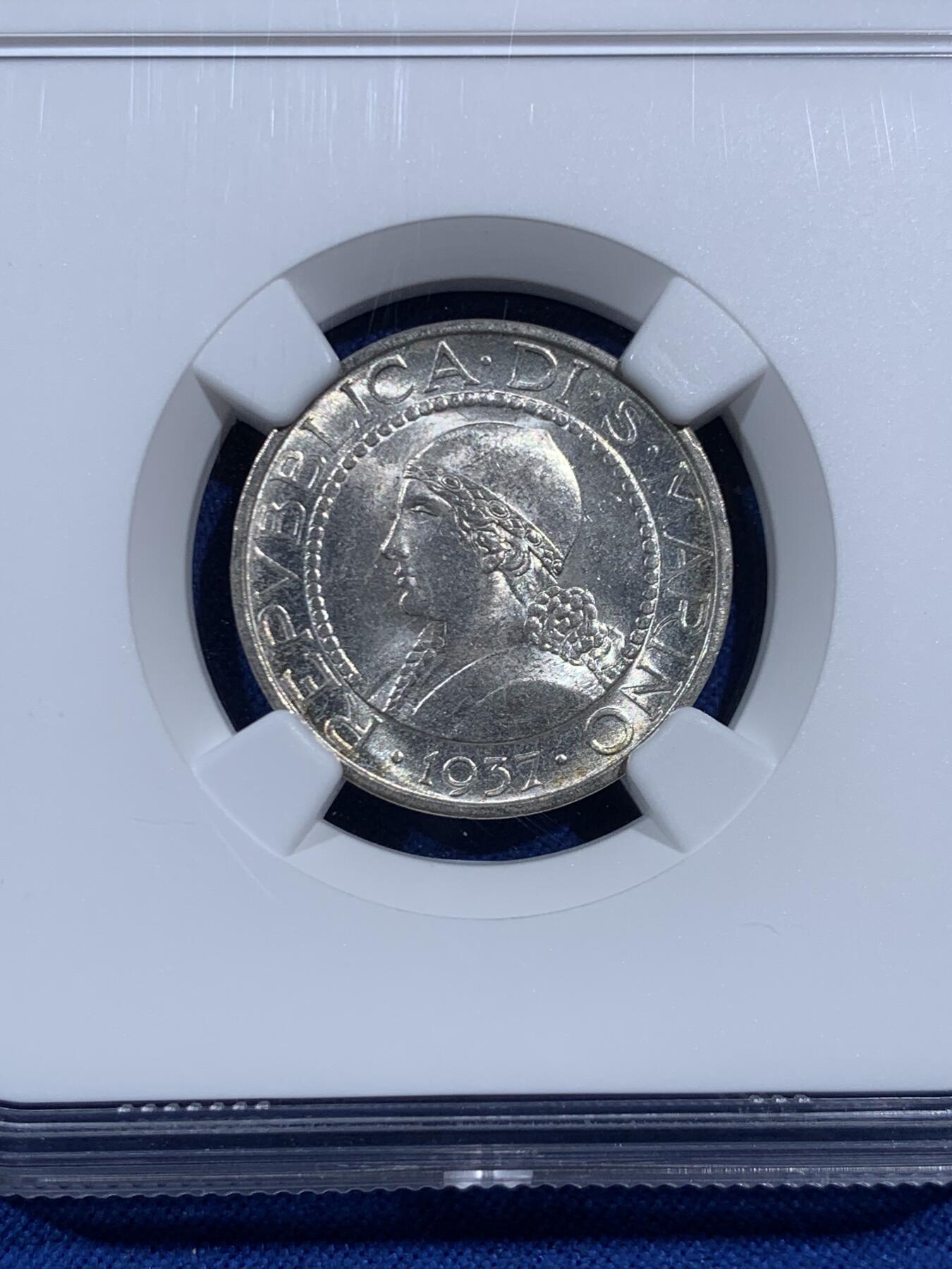 《竞宝斋》第469场 周日，周一 2场连拍 （全场包邮）欢迎送拍 NGC MS64 圣马力诺1937年女神半身像5里拉银币