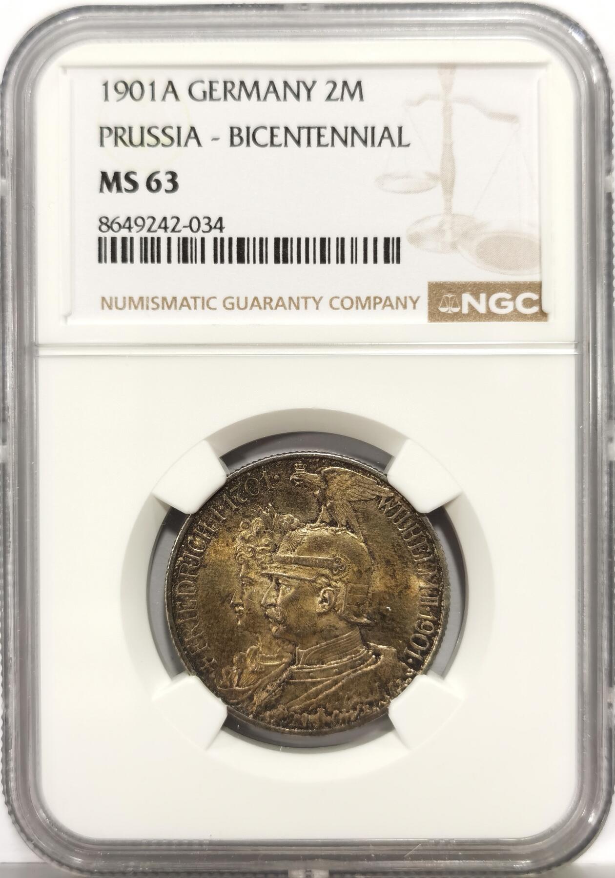 博洋堂世界钱币拍卖第164期（全场包邮） NGC MS63 德国普鲁士1901年建国200周年2马克银币，一流包浆状态