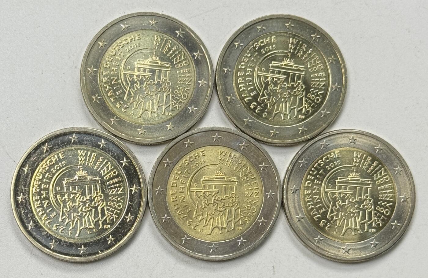 S&S Numismatic世界钱币-拍卖 第122期  德国2015年 东西德统一25周年 2欧元双色纪念币 ADFGJ厂标5枚全套