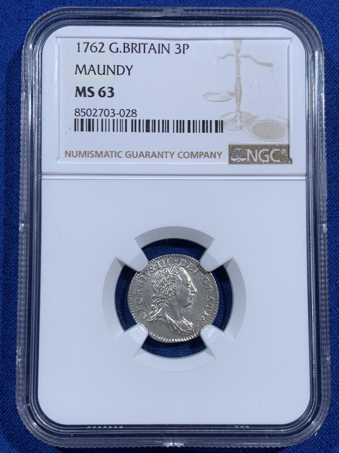 《竞宝斋》第469场 周日，周一 2场连拍 （全场包邮）欢迎送拍 NGC MS63 英国1762年乔治三世3便士濯足币，原光，高分难得