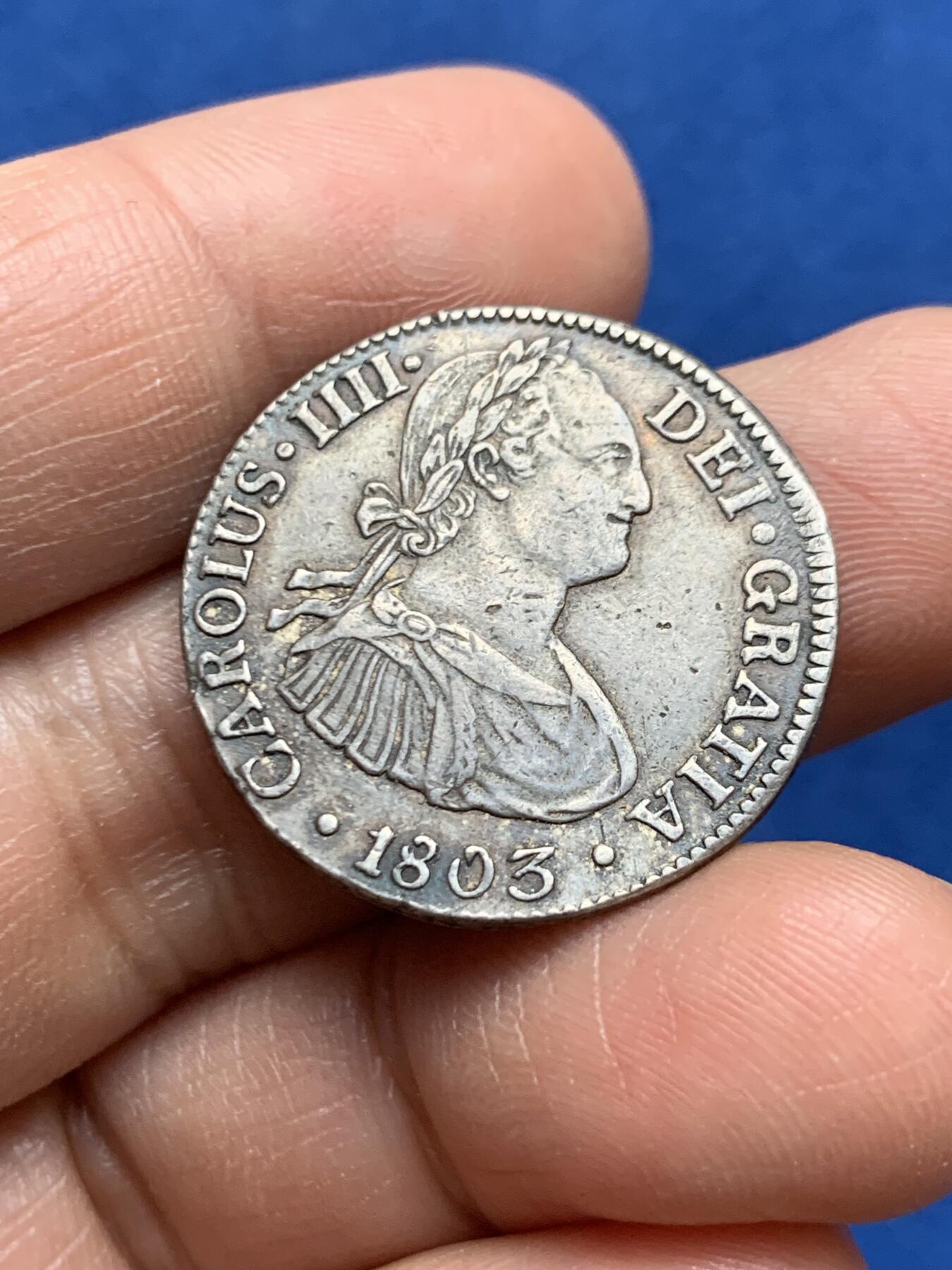 《竞宝斋》第469场 周日，周一 2场连拍 （全场包邮）欢迎送拍 西属墨西哥2里亚尔银币，1803年Mo/FT原状态，背面有个验银戳记，但整体细节非常好，小面值好品少见。