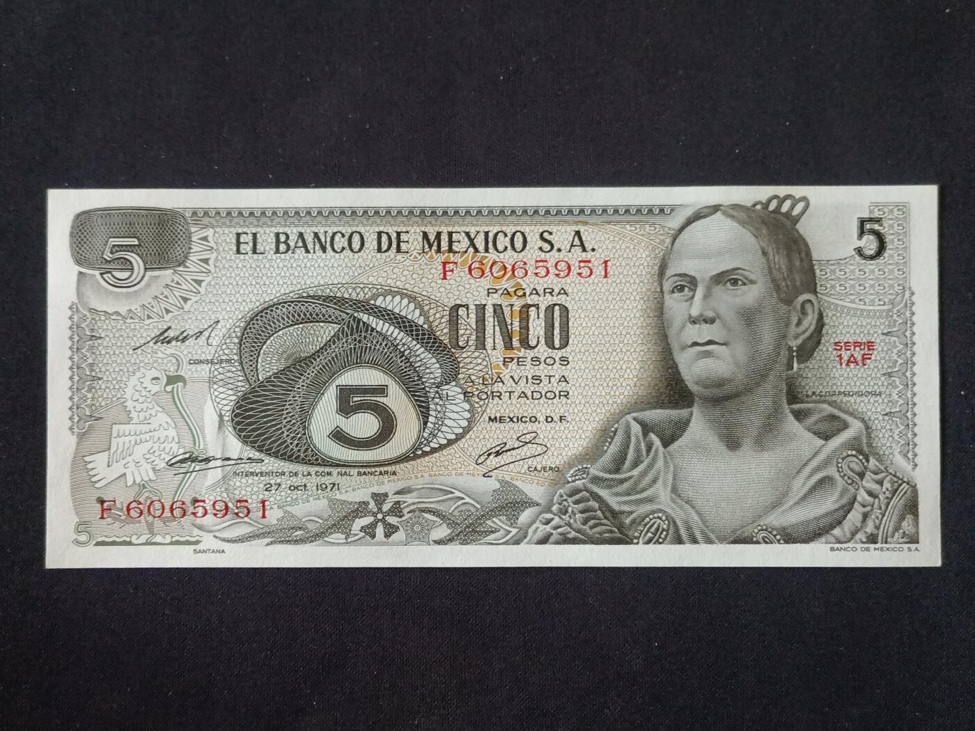 【游宝拍卖】丙午马年第10期 墨西哥-5比索【1971年 全新UNC】