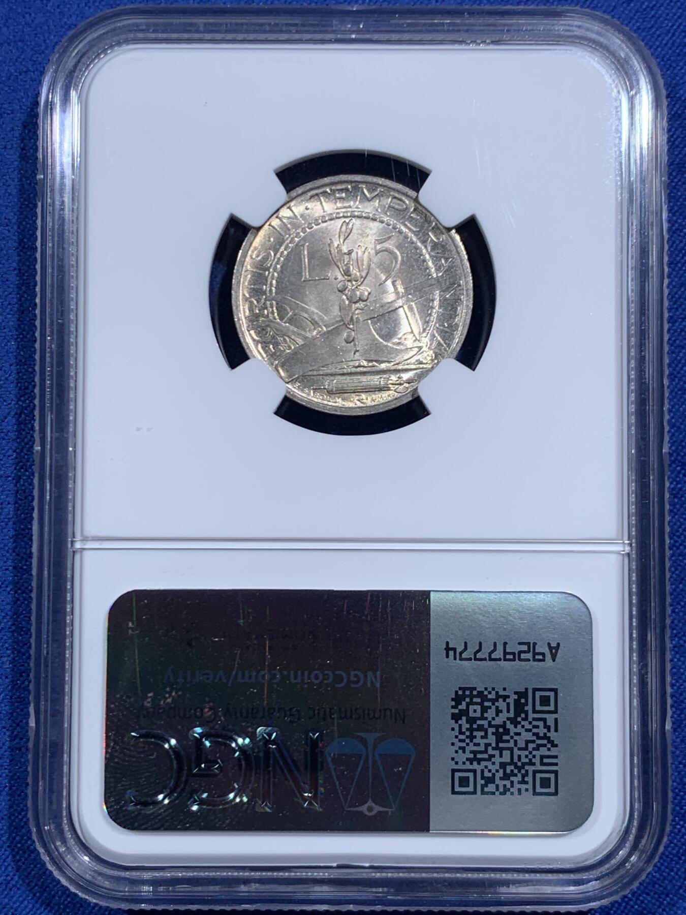 《竞宝斋》第469场 周日，周一 2场连拍 （全场包邮）欢迎送拍 NGC MS64 圣马力诺1937年女神半身像5里拉银币