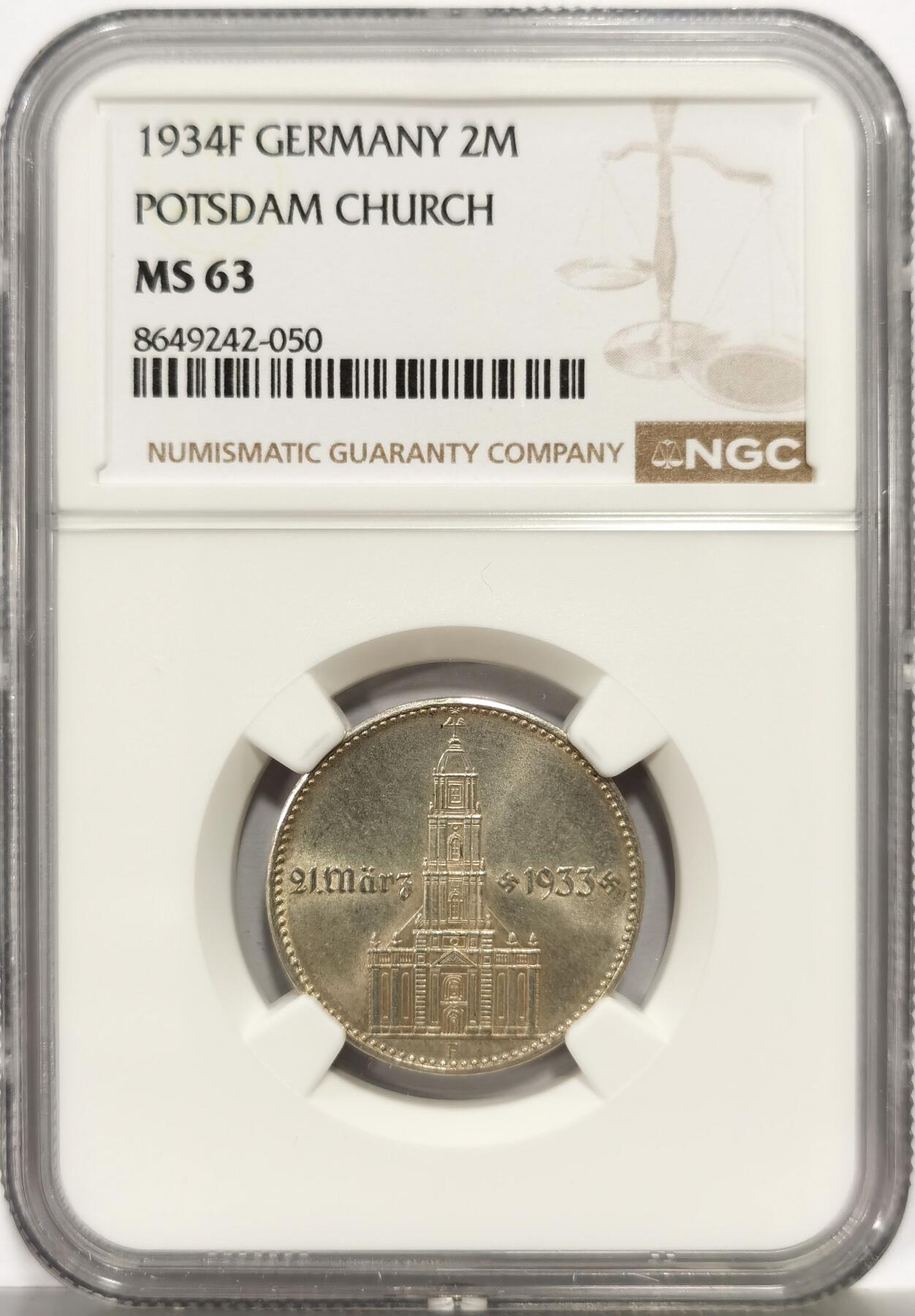 博洋堂世界钱币拍卖第164期（全场包邮） NGC MS63 德国第三帝国1934年F版加字教堂2马克银币