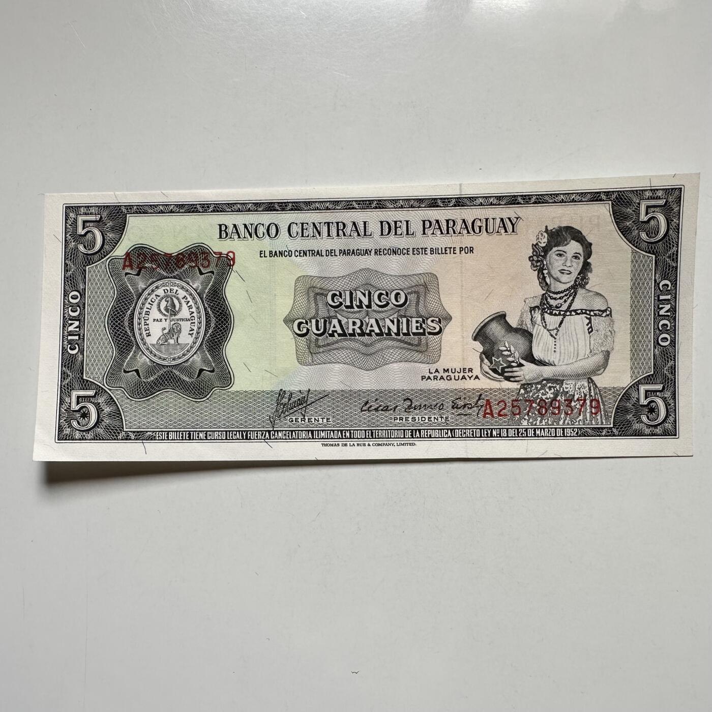 🌹外币初藏🌹🐯2026年第27场   每周二四六晚8️⃣点 接代拍 巴拉圭1952年巴拉圭女性 5瓜拉尼