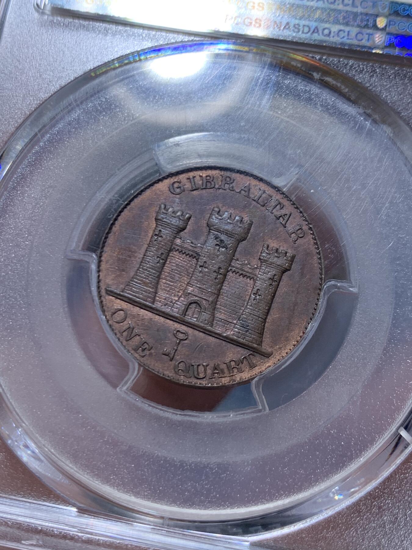 《竞宝斋》第469场 周日，周一 2场连拍 （全场包邮）欢迎送拍 PCGS MS63BN 直布罗陀 1842/0 小维QUART铜币 稀见品种