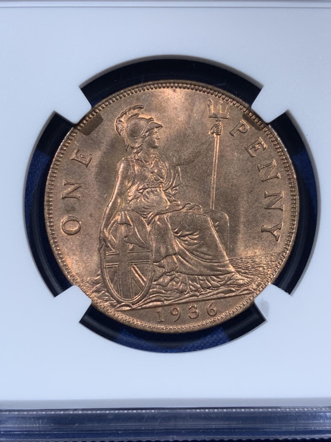 《竞宝斋》第469场 周日，周一 2场连拍 （全场包邮）欢迎送拍 NGC MS64RB 英国1936年乔五1便士 英系经典品种 背面为不列颠女神形象 细节光度都不错