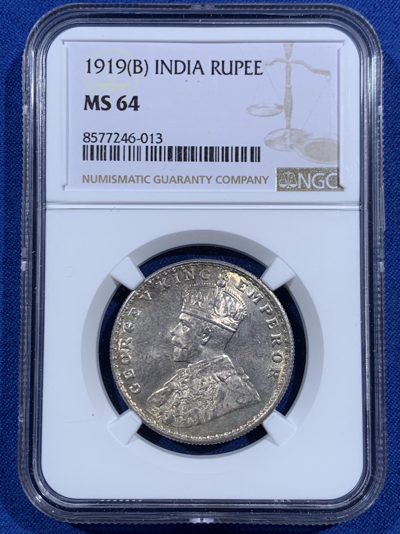 《竞宝斋》第469场 周日，周一 2场连拍 （全场包邮）欢迎送拍 NGC MS64 英属印度 1919年 乔治五世 1卢比 银币