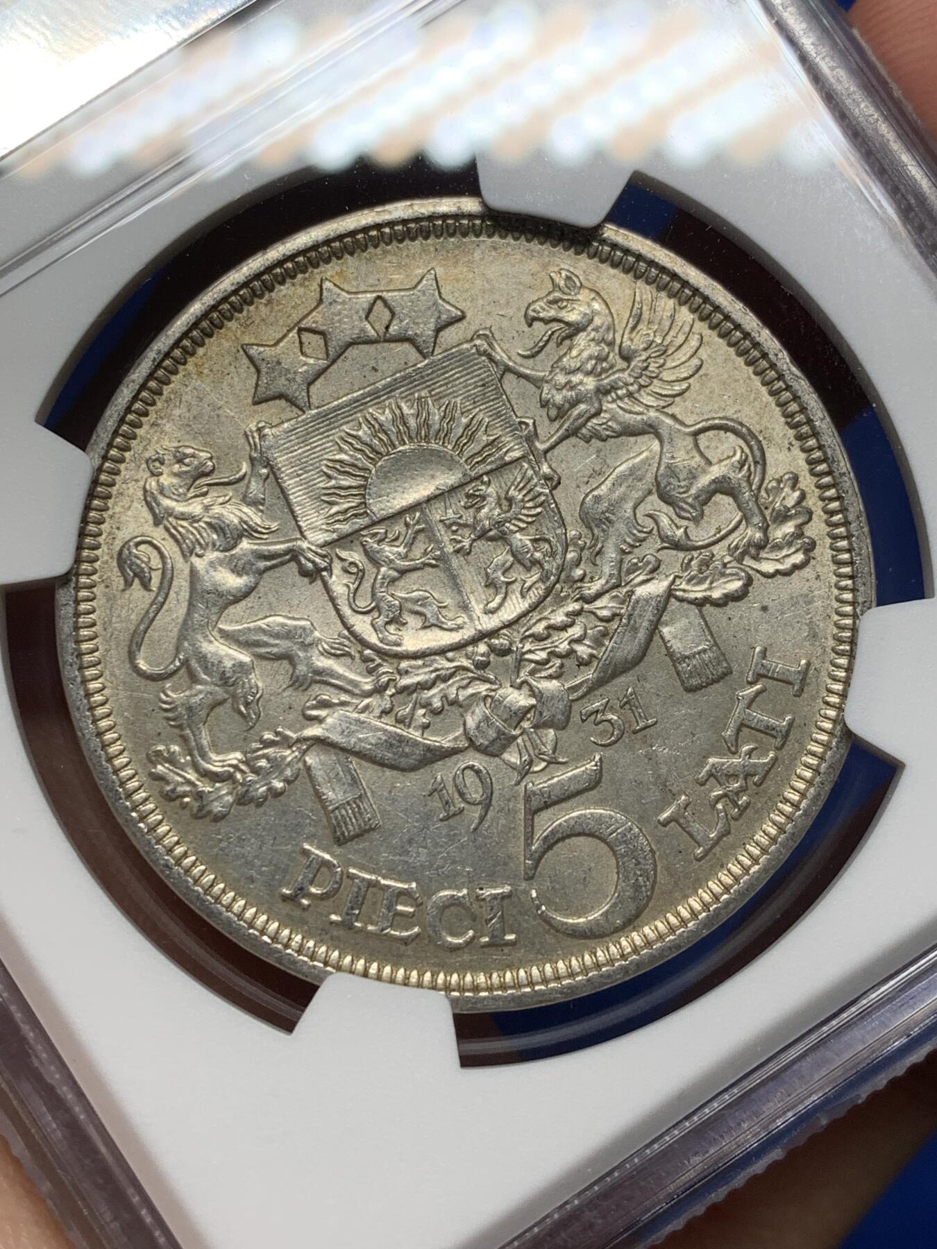 《竞宝斋》第469场 周日，周一 2场连拍 （全场包邮）欢迎送拍 NGC AU58 拉脱维亚1931年谷物女神5拉特银币，状态非常好，略低评