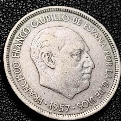 泉币菌-第206场-拍品多 请提前出价 1957年 西班牙5比塞塔 直径23mm 弗朗哥鹰徽 