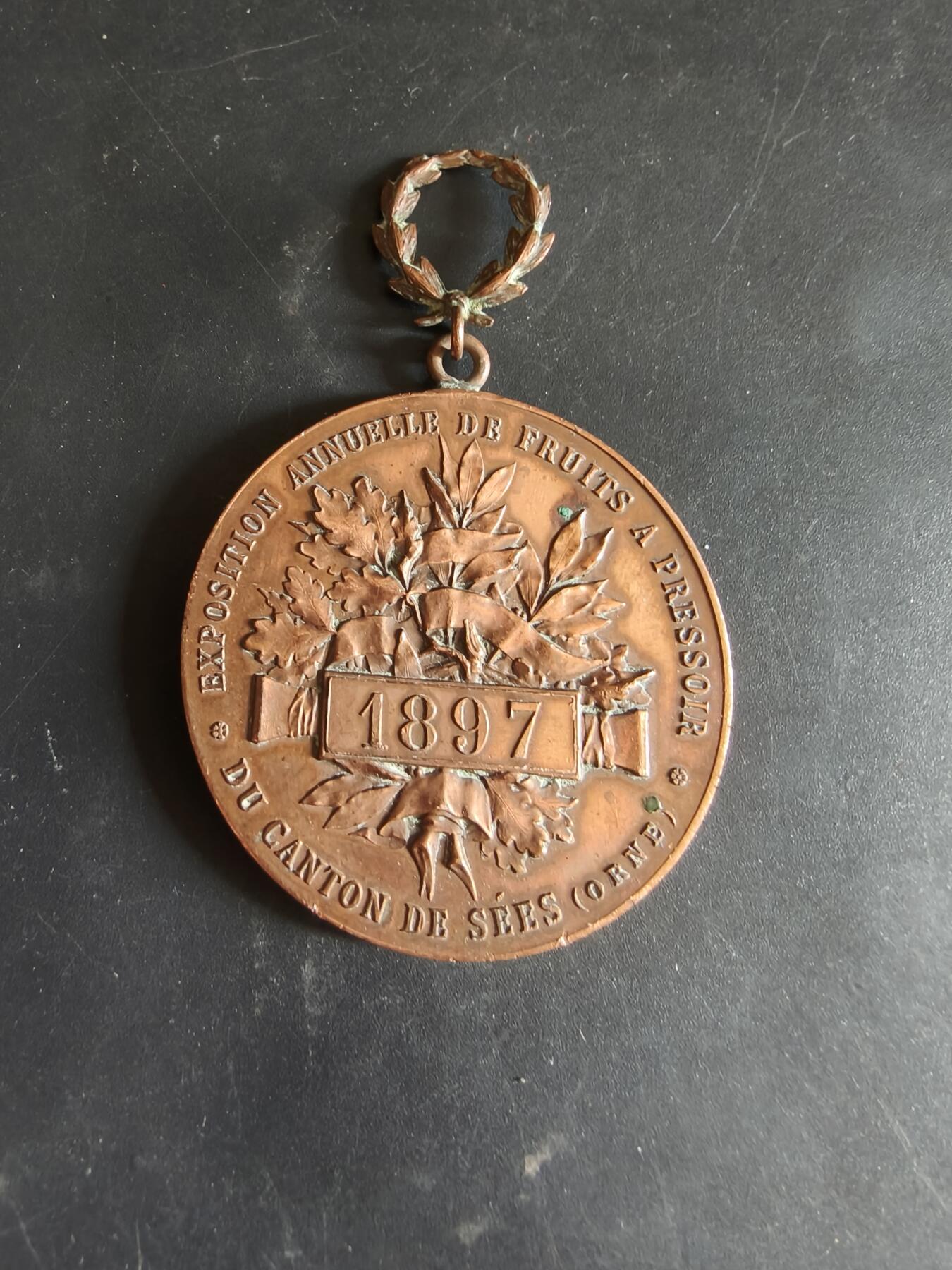 老王徽章第186期 法国1897年奥恩省塞镇年度压榨水果博览会大尺寸铜奖章     直径47mm    重量33.9g
