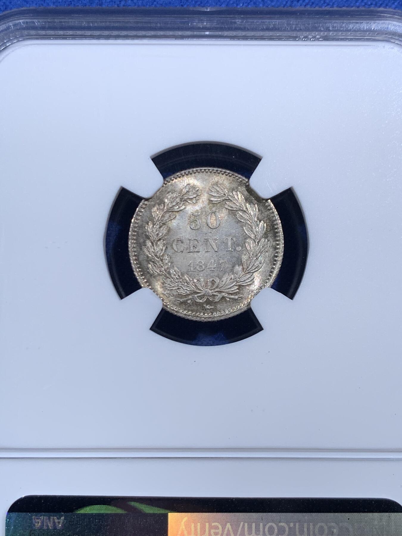 《竞宝斋》第469场 周日，周一 2场连拍 （全场包邮）欢迎送拍 NGC MS65 法国1847年菲利普50C银辅币 超高分 稀见品 亚军分数