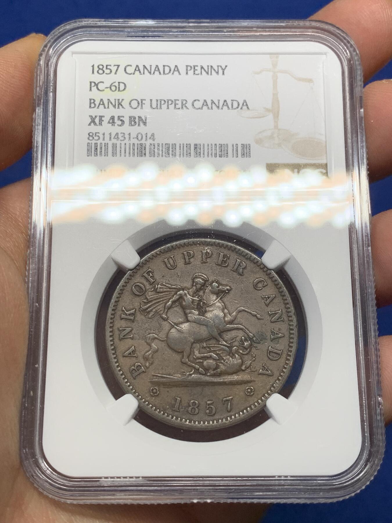 《竞宝斋》第469场 周日，周一 2场连拍 （全场包邮）欢迎送拍 NGC XF45BN 上加拿大1857年马剑1便士铜币，经典马剑图案，受欢迎的品种