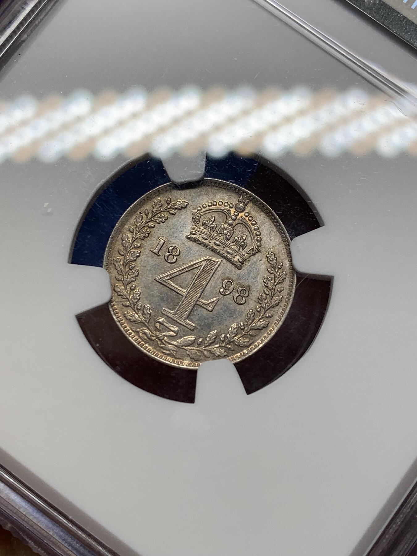 《竞宝斋》第469场 周日，周一 2场连拍 （全场包邮）欢迎送拍 NGC UNCD 英国1898年披纱版维多利亚4便士濯足节银币，细节靓丽，925银，1.89克，发行量仅9147枚