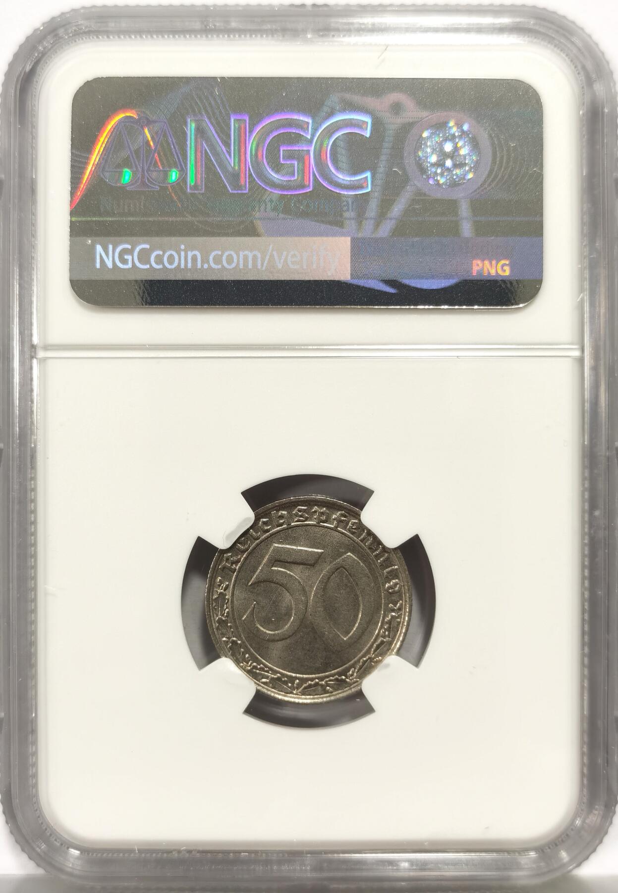 博洋堂世界钱币拍卖第164期（全场包邮） NGC MS64 德国第三帝国1939F版50芬尼镍币，传说中的回炉坦克币