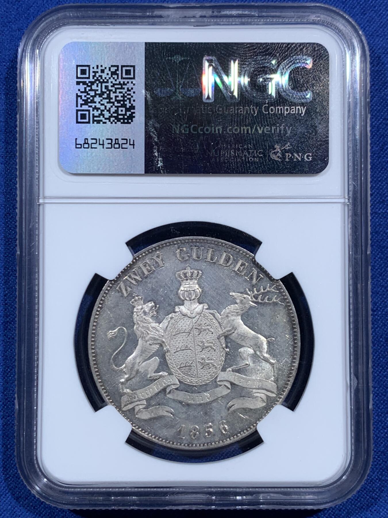 《竞宝斋》第469场 周日，周一 2场连拍 （全场包邮）欢迎送拍 唯一冠军分 NGC MS62 德国 1856年符腾堡 狮鹿盾徽2盾银币 转光明显 低评了 CNG买的裸币成本6500，值得入藏