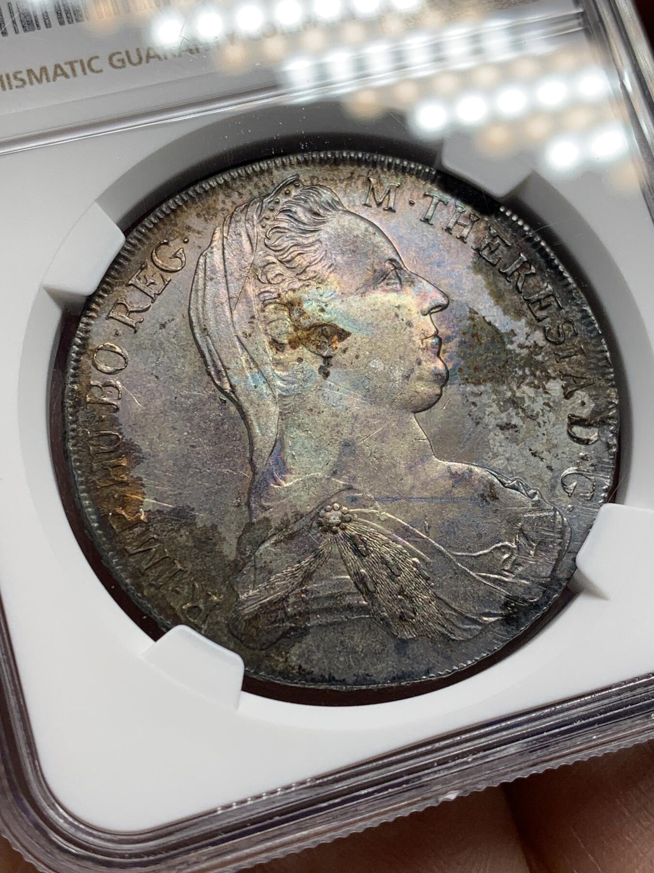 《竞宝斋》第469场 周日，周一 2场连拍 （全场包邮）欢迎送拍 NGC AU55 奥地利 1780年 原铸玛利亚特蕾莎大奶妈泰勒大银币 维也纳版 正面环彩 背面蓝五彩包浆 历史感厚重