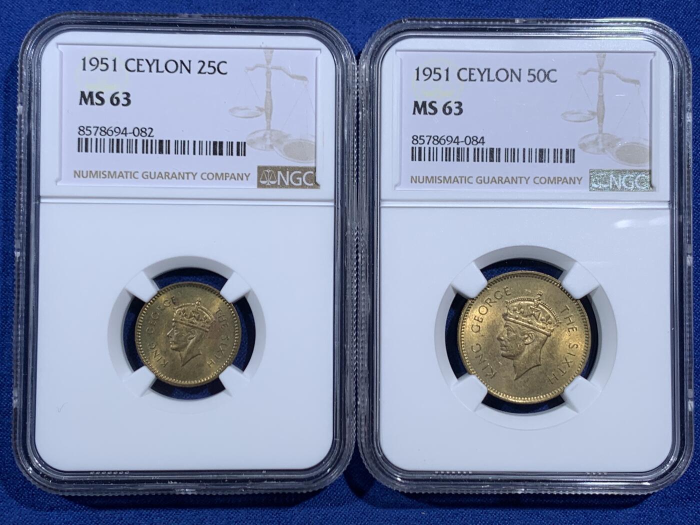 《竞宝斋》第469场 周日，周一 2场连拍 （全场包邮）欢迎送拍 两枚一组 NGC MS63 1951清年英属锡兰乔六25/50分黄铜币，50分MS级别稀少！