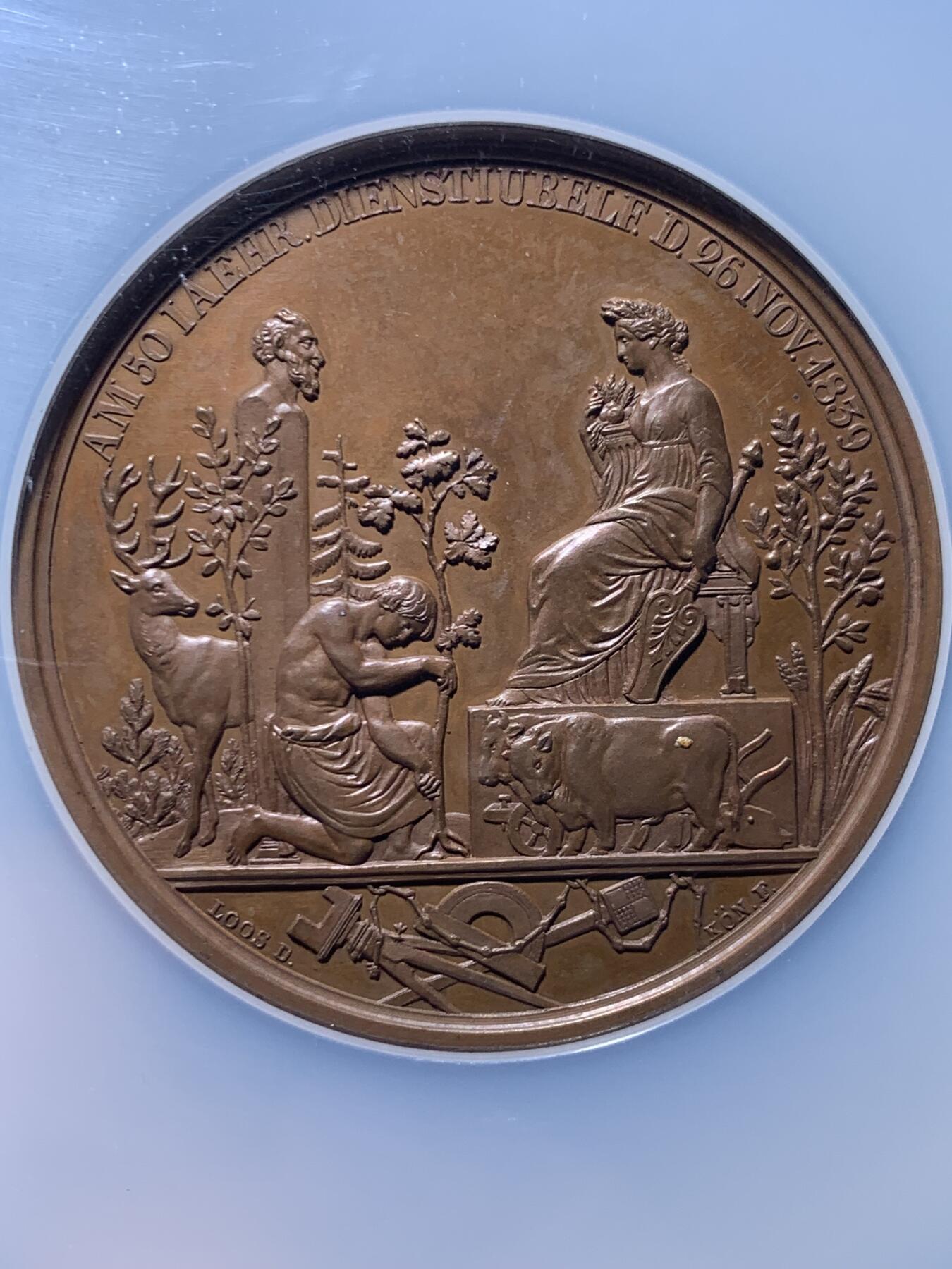 《竞宝斋》第469场 周日，周一 2场连拍 （全场包邮）欢迎送拍 NGC MS63BN 普鲁士1839枢密院大臣冯.兰登伯格纪念铜章 加大加厚盒