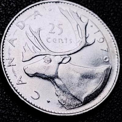 泉币菌-第206场-拍品多 请提前出价 - 高币值 加拿大1979年1/4加拿大元 伊丽莎白二世 驯鹿 24mm 